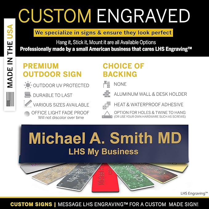 Engraved Custom Door Plate Navy Blue Plastic Office Door Sign with Gold Letters - Made in USA 2x8 B10