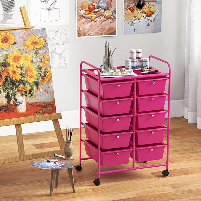 GLACER 10 Drawer Rolling Cart, Storage Cart with Lockable Whieels & Metal Frame, Trolley for Art Craft Oganizer, Mobile Utility Cart for Office, School, Classroom, Kitchen (Hot Pink)