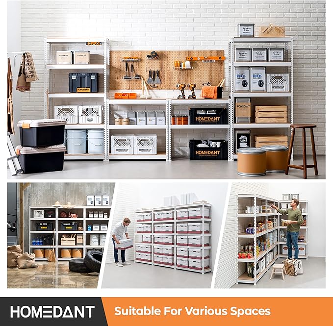 HOMEDANT 5 Tier Storage Shelves Adjustable Laminated Boltless Garage Metal Shelving Unit Heavy Duty Utility Rack Shelf Warehouse Pantry Closet Kitchen (2, (M) 35.9" W, White)