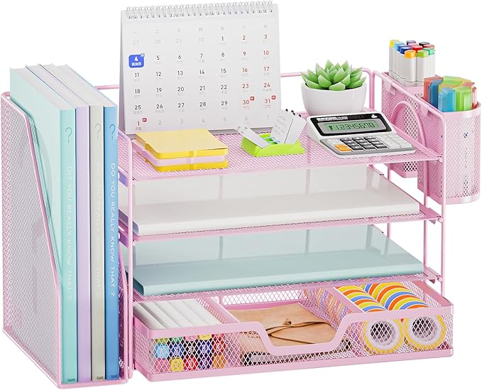 Marbrasse Desk Organizer and Accessories，4-Tier Paper Letter Tray Organizer with File Holder, Workspace Desk Organizers Accessories with Drawer and 2 Pen Holder (Pink, 15.4" x 9.1" x 8.3")