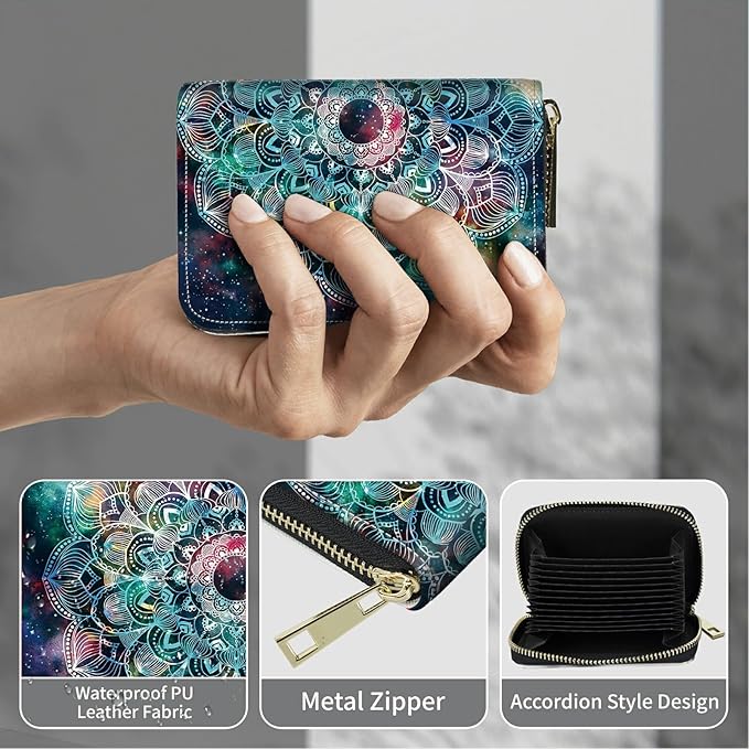 BWEGRHE Cute Credit Card Holder with Zipper, Art Mandalas RFID-Blocking Card Case Small Wallet for Women Men, Multi-slot Card Organizer Case Travel Accordion Wallet