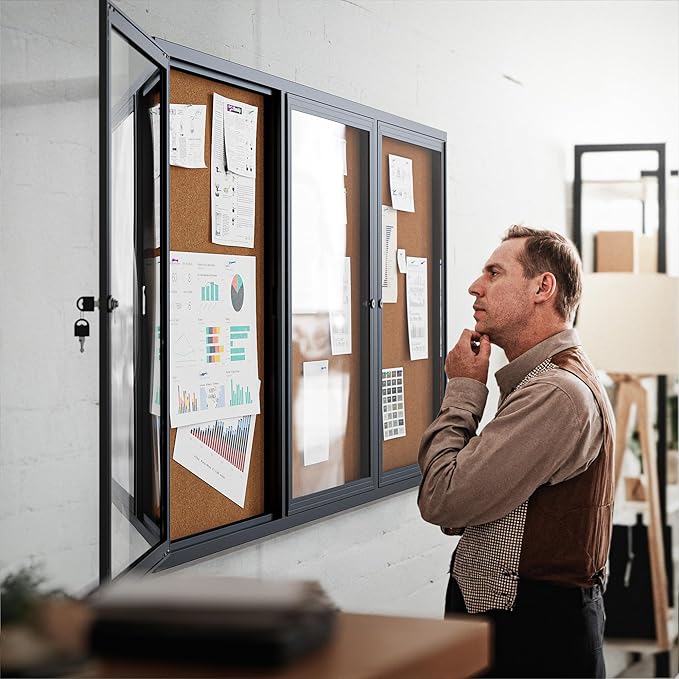 72"x36" Lockable Enclosed Bulletin Board, Outdoor Cork Weather-Resistant Aluminum Frame Notice Board, Wall Mounted Display Case Acrylic Doors for School,Office,Black Frame w/Cork