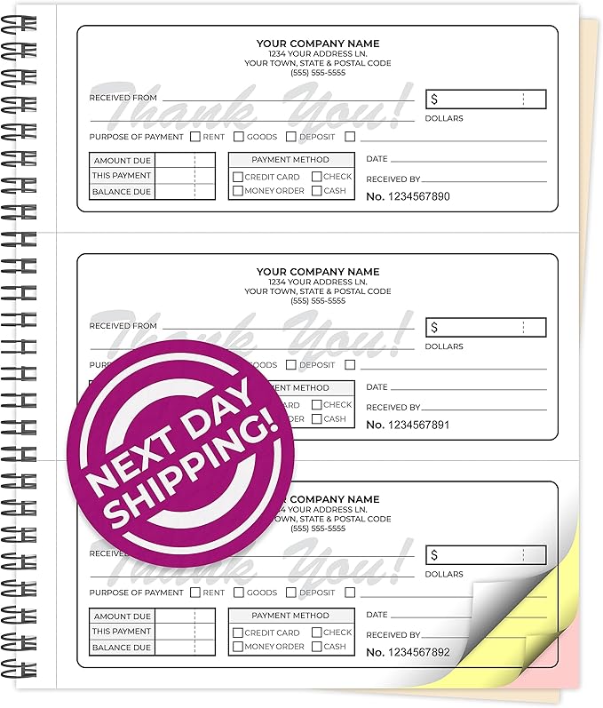 Custom 8.5" x 7" (3 Per Page) Carbonless NCR Books in 3-Part Triplicate Invoices, Receipts, Work Orders, Sales Orders, Purchase Orders, Estimates, Quote Forms with Your Company/Business Name (96 Sets)