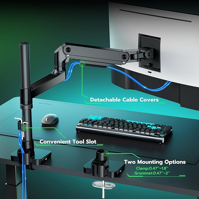 ARES WING Heavy Duty Monitor Arm with USB A/C, Tall Ultrawide Monitor Arm for 17 to 49 Inch Screen, Holds 44 Lbs, Adjustable Gas Spring Desk Mount, Black
