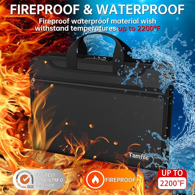 5200℉ Fireproof Accordion File Organizer with Lock, Thickened Document Organizer 13 Colorful Pocket with Labels, Important Document Organizer, Expanding File Folder with Handle for Letter A4 (Black)