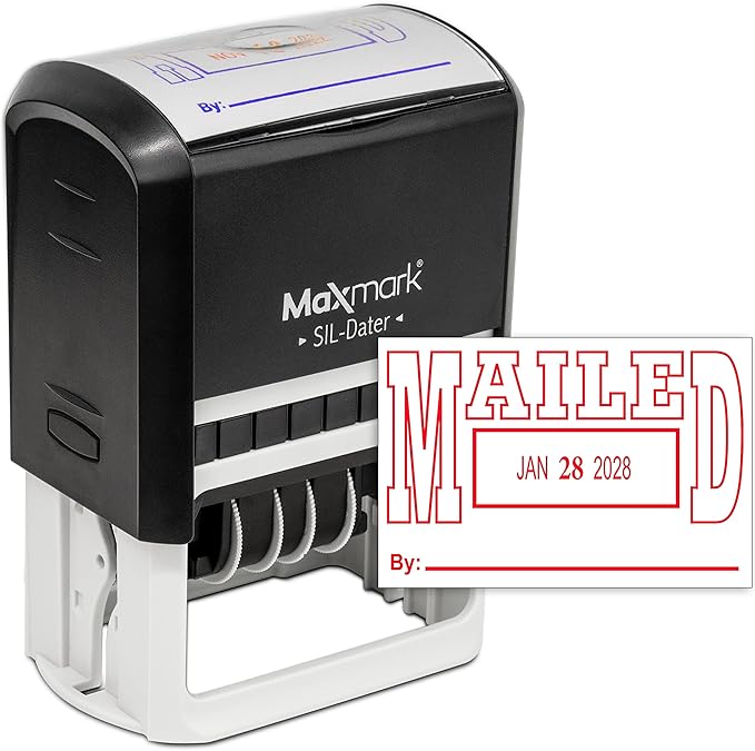 MaxMark Large Self-Inking Rubber Date Office Stamp with Mailed Phrase & Date - Red Ink, 12-Year Band - Style 5