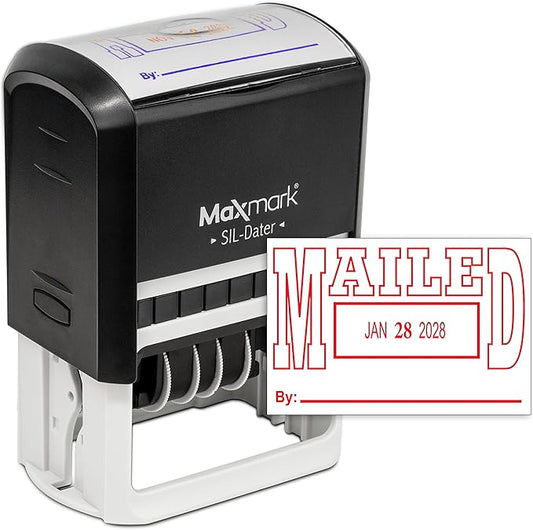 MaxMark Large Self-Inking Rubber Date Office Stamp with Mailed Phrase & Date - Red Ink, 12-Year Band - Style 5