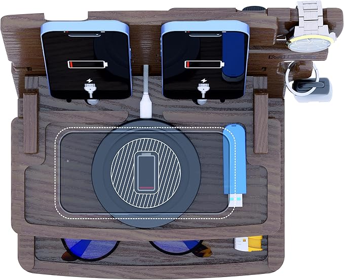 MED Wood Phone Docking Station – Nightstand Desk Organizer for Phone, Watch, Wallet & Tablet – Gift for Men, Husband, Dad & Women – Wooden Charging Stand, (Dark Walnut, Model 2)