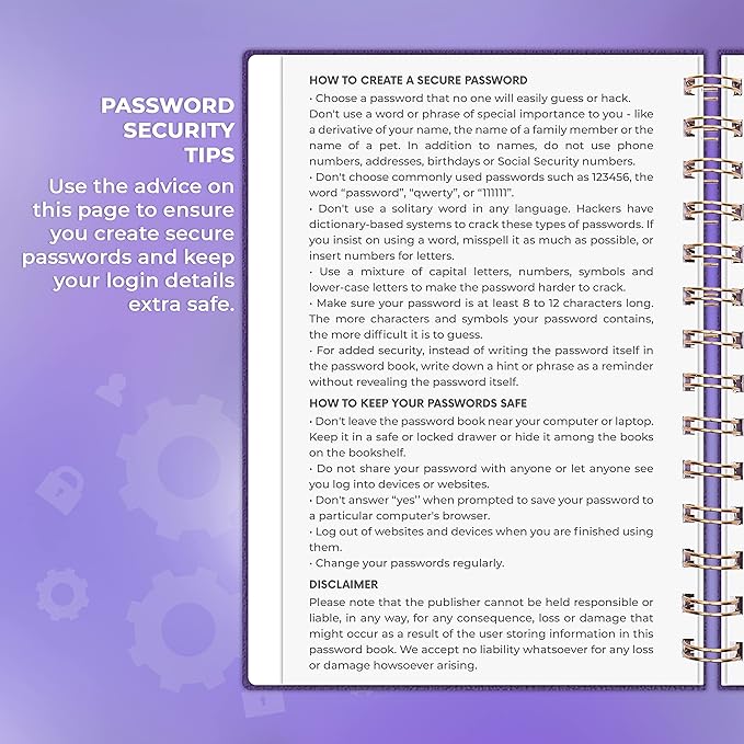 Clever Fox Password Book Spiral – Internet Address & Password Organizer with Laminated Alphabetical Tabs – Password Keeper Journal – Hardcover, Medium Size, 6.1x7.7” (Purple)