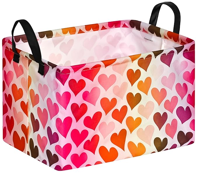 FUULOXE Rectangular Valentines Basket Storage Bin for Shelves Girls Gifts Baskets Foldable Box with Handles for Home Office Car Dormroom Valentine's Day Party Supplies
