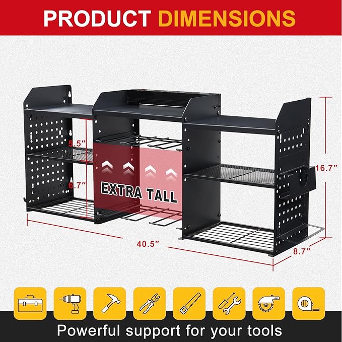ERVNYNT 3 layers power tool organizer Loads 150lbs with 6 Cordless Drill Holder and 6 Outlet Power Strip,it’s good choice for husband birthday gift,black