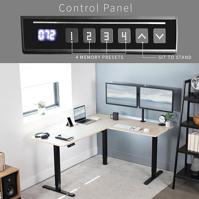 VIVO Electric Corner 63 x 55 inch L-Shaped Standing Desk, Memory Height Adjustment, Light Wood Top Black Frame, DESK-E3CTBC