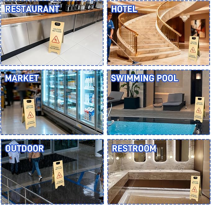 Kerty 4 Pack Stainless Steel Wet Floor Sign, 24 Inch Caution Wet Floor Sign Portable Foldable Bilingual Safety Warning for Hotel Market Restroom Restaurant Office (Gold)