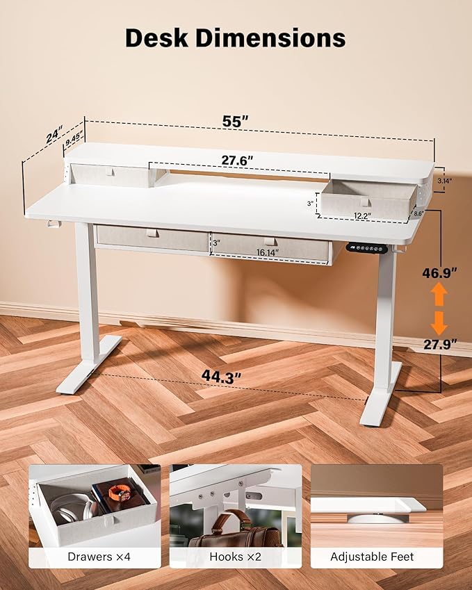 FiCiHi Electric Standing Desk with Four Drawers, Adjustable Height Sit Stand Desk, C-Clamp Compatible Home Office Desk with Storage Shelf & Monitor Stand Riser, 55 x 24 Inch, White