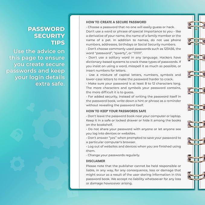 Clever Fox Password Book Spiral – Mini Internet Address & Password Organizer with Laminated Alphabetical Tabs – Small Password Keeper Journal – Hardcover, Pocket Size, 4.7x5.7” (Turquoise)