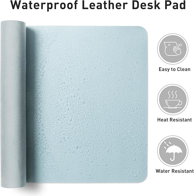 Aothia Faux Leather Desk Mat – Large Mouse Pad, Non-Slip PU Leather Blotter, Waterproof Writing Surface for Office and Home (Baby Blue, 47.2" x 23.6")