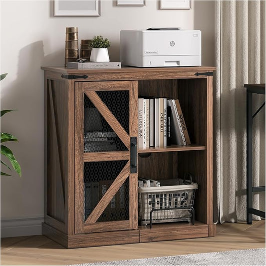 JOINICE,Printer Stand with Storage,File Cabinet with Socket and USB Charging Port,Farmhouse Paper Shredder Stand Rack with Slide-Out Shelf,Walnut