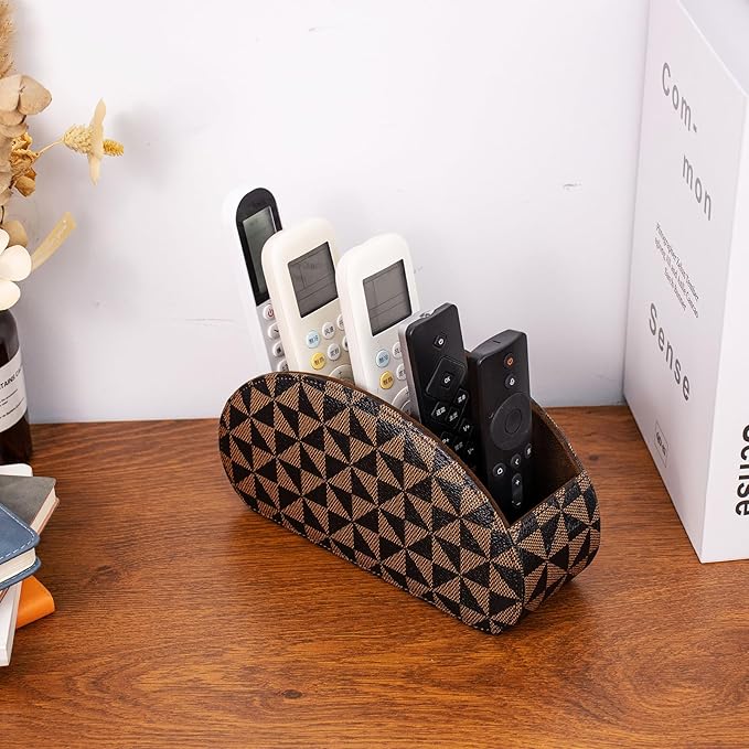 Remote Control Holders Organizer Box with 5 Compartment PU Leather Multi-functional Office Desk Storage Caddy Store Tv Remote for Media Player,Brush,Pencil,Glassees&Office Supplies (Triangle print)