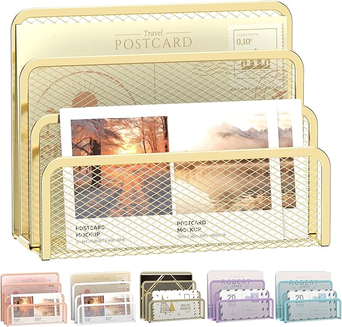 SUPEASY Mail Organizer for Desk, Mesh Metal Mail Holder Countertop with 3-Slot, Letter Sorter File Holder, Office Envelope Organizer for Mails (Gold)