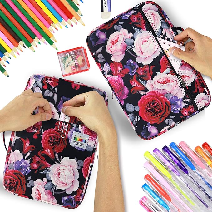 YOUSHARES Colored Pencil Case 304 Slots Pen Case Organizer with Handy Wrap & Zipper, Multilayer Holder for Prismacolor Colored Pencils & Gel Pen (Red Pink Rose)