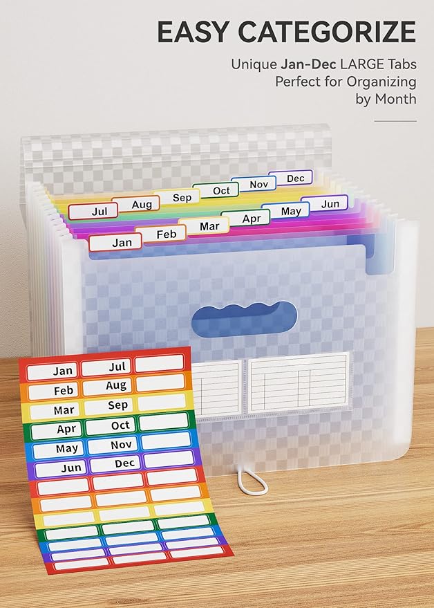 ABC life 12-Pocket Accordion File Organizer, Expandable File Folder with Colorful A-Z Tabs, Portable Bill & Receipt Organizer, Desktop Letter/A4 Document Storage for Home & Office-Blue