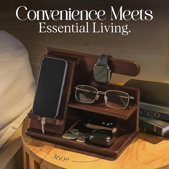 SHARPSPACE Night Stand Organizer – Wood Phone Docking Station, 360° Rotating Base with Charging Slot, Holds Watch, Wallet, Keys, Eyewear – Nightstand Organizer for Men, Bedroom or Office Use, Dark Brown