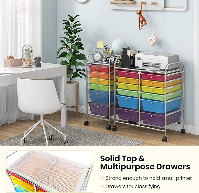 LDAILY 12 Drawer Rolling Storage Cart, Craft Cart Organizer on Wheels w/Metal Frame, Large Capacity & Smooth Drawer, Rolling Cart w/Drawers for Classroom, Office