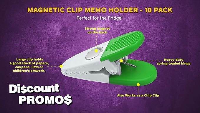 10 Magnetic Memo Holders Set - Customizable Text, Logo - Large Clip, Plastic - White Green
