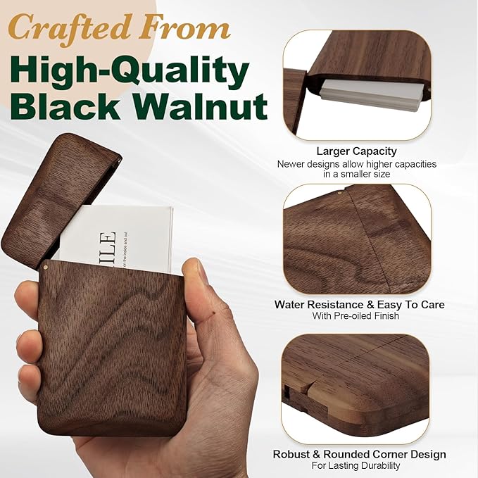 Yookin Wood Business Card Holder Wooden Magnetic Business Card Case Portable Simple (Black Walnut)