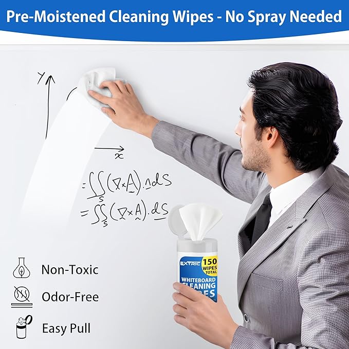 EXTRIC Whiteboard Cleaning Wipes, 150 Count Dry Erase Wipes Pre-Moistened, Non-Toxic, Low Odor White Board Cleaner 75 Per Canister + 75 Refill Pack Ideal for Classroom, School, Office