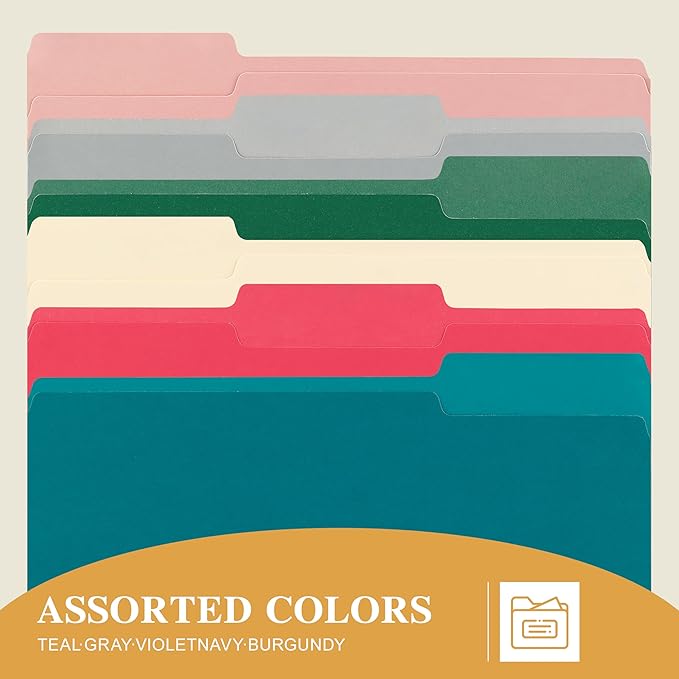 Color File Folders, 1/3-Cut Tabs, Letter Size, Assorted Colors Organizer File Folders for School Home Office Business (18, Assorted Colors)