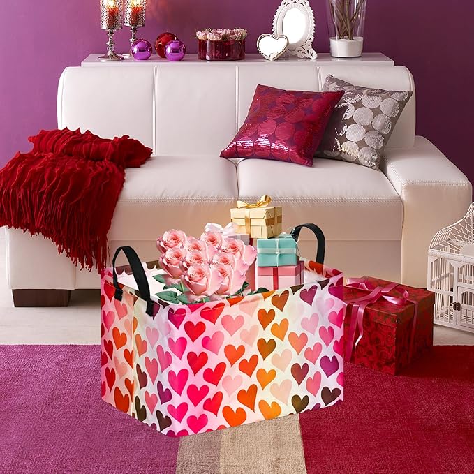 FUULOXE Rectangular Valentines Basket Storage Bin for Shelves Girls Gifts Baskets Foldable Box with Handles for Home Office Car Dormroom Valentine's Day Party Supplies