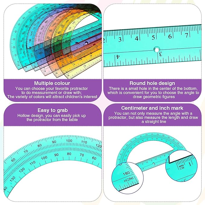 Zonon 6 Pieces Protractors Bulk Plastic 180 Degrees 6 Inch Translucent Protractors for Geometry, Angle Measurement, Students School Supplies