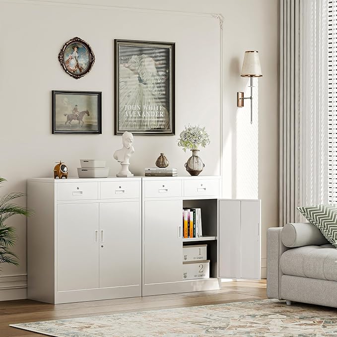 TaskStorz Metal Storage Cabinet with 2 Drawers 36" H,White Metal Garage Cabinets with 2 Lockable Doors and Adjustable Shelves Easy to Assemble for Home Office, Kitchen,Pantry,Garage,Warehouse