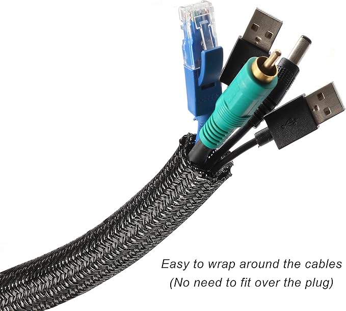 CrocSee 25ft - 1/2 inch Braided Cable Management Sleeve Cord Protector - Self-Wrapping Split Wire Loom for TV/Computer/Home Theater/Engine Bay - Black