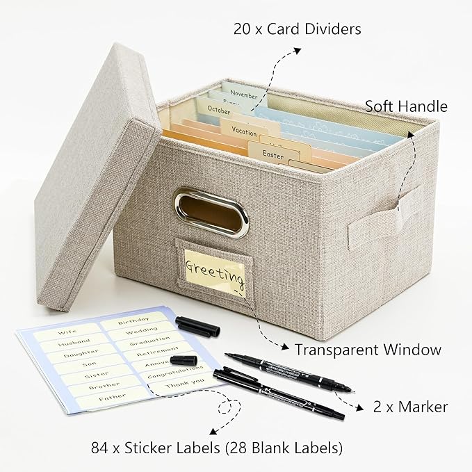 Remowith Greeting Card Organizer and Storage Box with 20 Pcs Adjustable Dividers, Storing Cards with 84 Pcs Labels Perfect for Storing Greeting Cards, Envelopes, Photos 1 Pack Beige