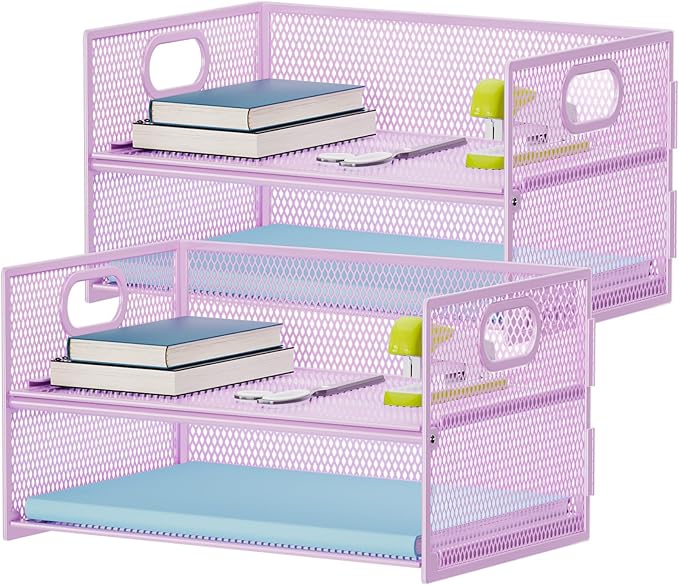 Marbrasse 2 Tier Paper Organizer Letter Tray, Mesh File Organizer with Handle, Paper Sorter Desk Organizer for Home Office Supplies - 2P Purple