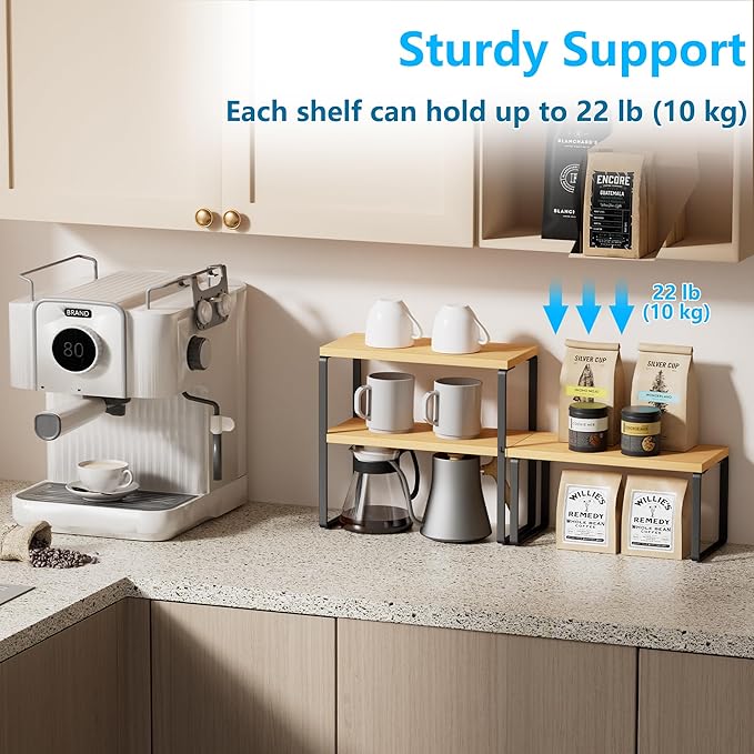 Golener Countertop Organizer Corner Shelf, 2-Tier Adjustable Stackable Corner Shelves for Kitchen, Spice Rack, Coffee Area, Over Sink, Bathroom, Dresser Table, Corner Counter Shelf Stand, Bamboo