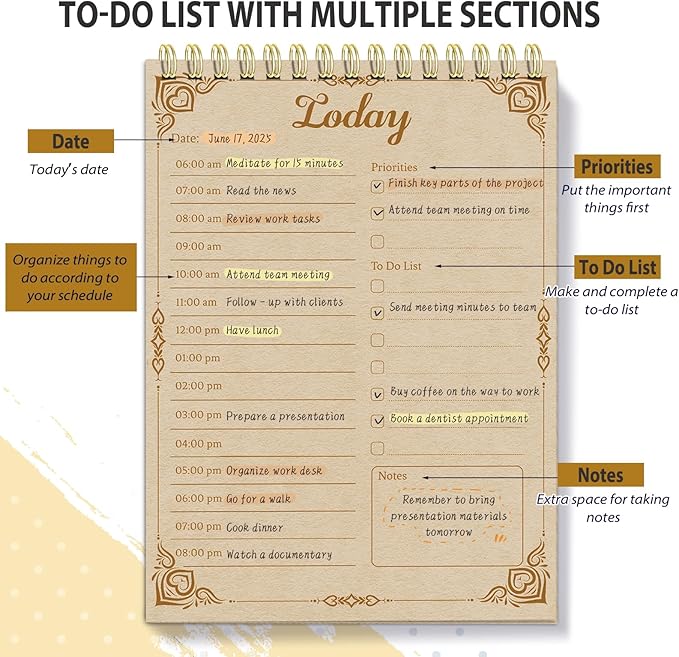 Tlenpo Daily To Do List Notebook 60 Sheets Vintage kraft paper, 5.1 x 7 In, Calendar and Organizer, Spiral Daily Planner Notebook for Office Note and Todo Organization, Retro Yellow
