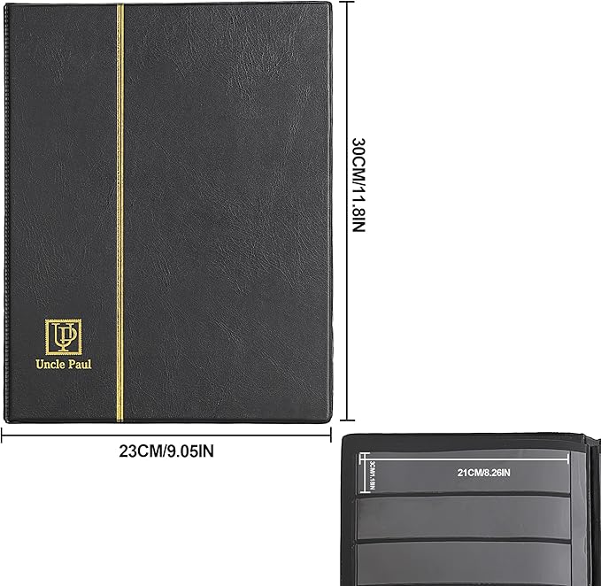 Stamp Albums 160 Pockets - Stockbooks with 30x197mm Sleeves, 10 Double Sided Black Page with Leatherette Padded Black Cover, Collection Storage Folder for Paper Money Postage Stamps AS0108BK