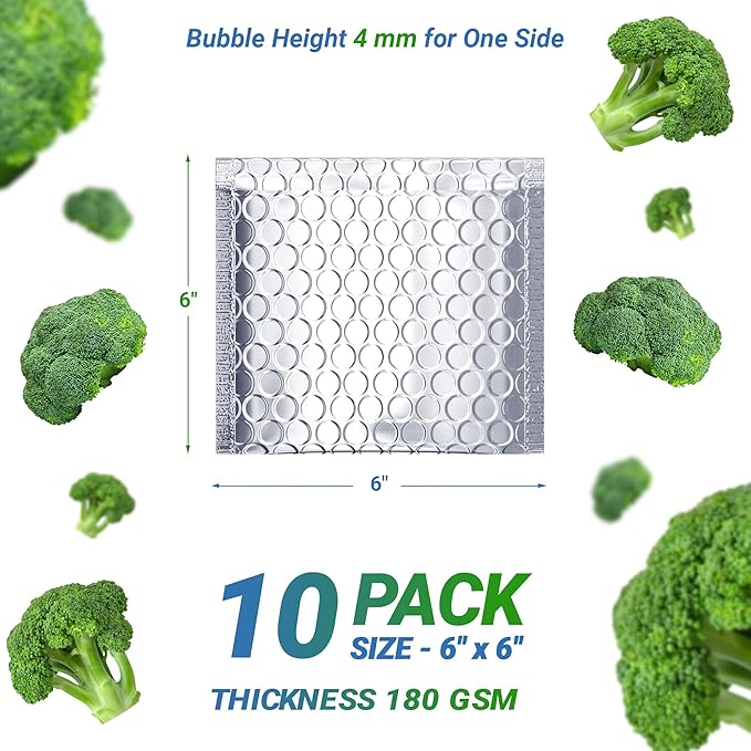 Amiff Silver Thermal Bubble Mailer, 6 x 6 Inches. 10 Pack Metallic Bubble Mailers. Self-Seal Insulated Mailers for Cold Shipping. Padded Envelopes Waterproof. Thermal Bag for Food, Cosmetics