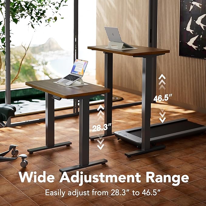 HUANUO 48" x 24" Electric Standing Desk Adjustable Height, 4 Memory Height Settings, Headphone Hook, Cable Manager, Sit Stand Up Desk for Home Office & Computer Workstation, Walnut