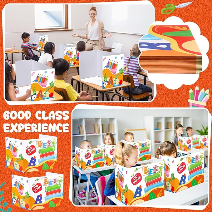 24 Pcs Privacy Boards for Student Desks Bright Colored Classroom Desk Divider Trifold Table Desk Privacy Panel Folders Screen Partition for School Teacher Student Study Test Home(Clock)