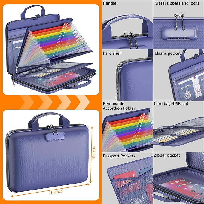 Fireproof File Organizer with Lock, Hard-Shell Case Fireproof Document Box with 13 Colorful Pockets Accordion File Folder, Important Document Organizer for Letter A4 Files Laptop Passports (Blue)