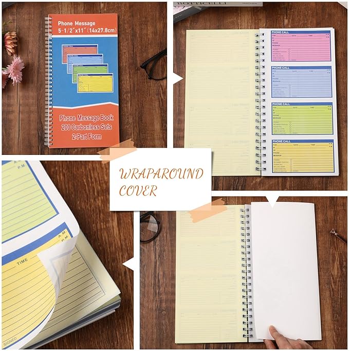 Fullhawl 10 Pcs Spiral Bound Phone Message Book 5-1/2" x 11" 2 Part Colorful Carbonless Phone Message Pads 4 Messages Per Page Carbon Copy Notebook Spiral Phone Call Log Book for Business Office