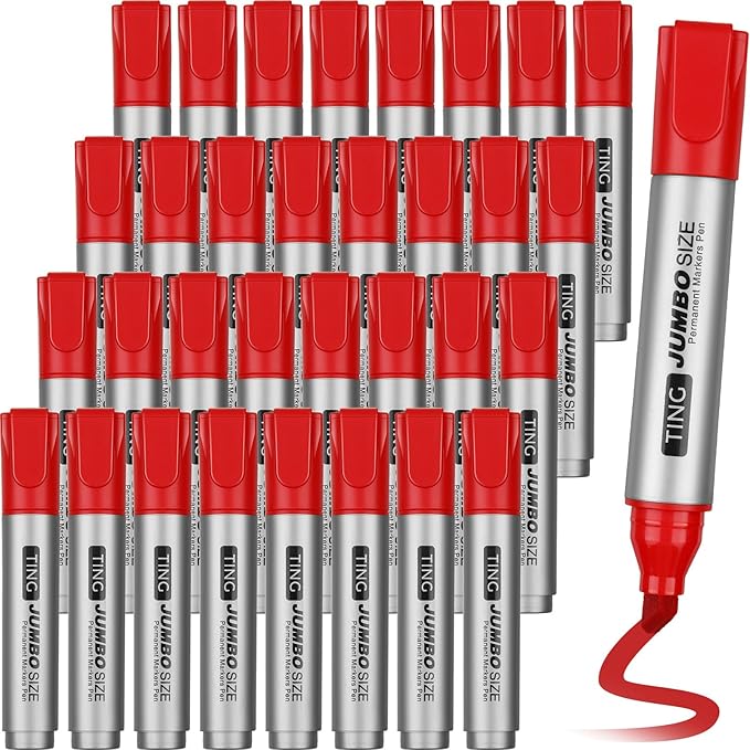 Fuutreo 32 Pcs Jumbo Permanent Markers Bulk Large Chisel Tip Permanent Markers Waterproof Jumbo Pens Quick Drying Office Supplies(Red)