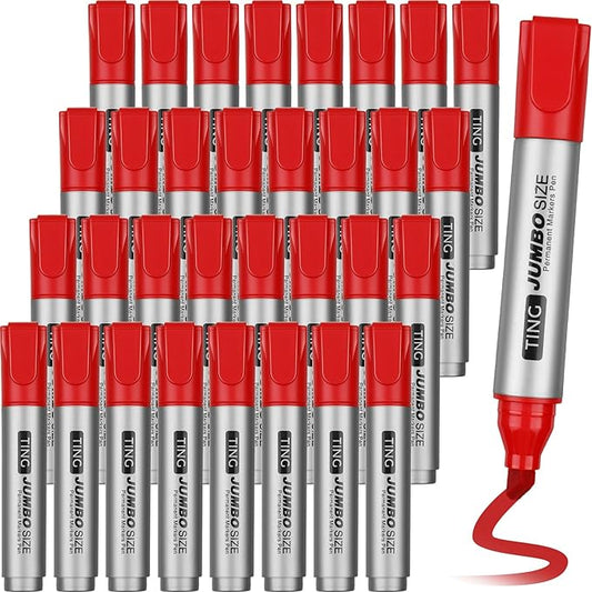 Fuutreo 32 Pcs Jumbo Permanent Markers Bulk Large Chisel Tip Permanent Markers Waterproof Jumbo Pens Quick Drying Office Supplies(Red)