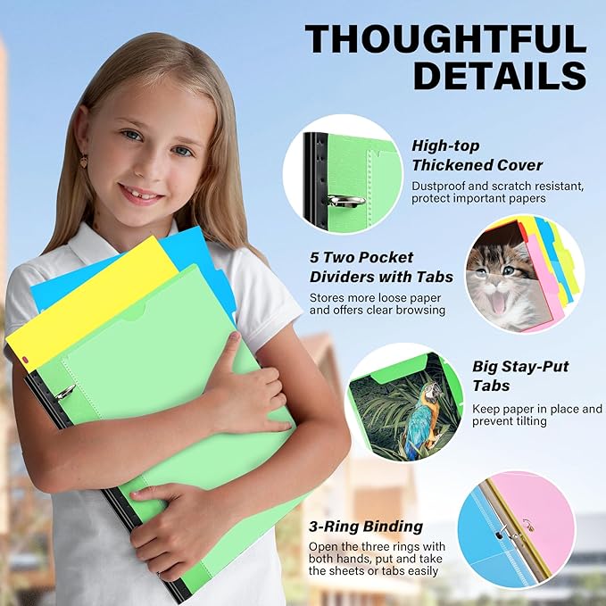 WOT I Telescoping Project Organizer 2-Pack, Refillable Binder with Dividers and Pockets, 13 Pocket Folders, 1 Inch 3 Ring Binder, Green