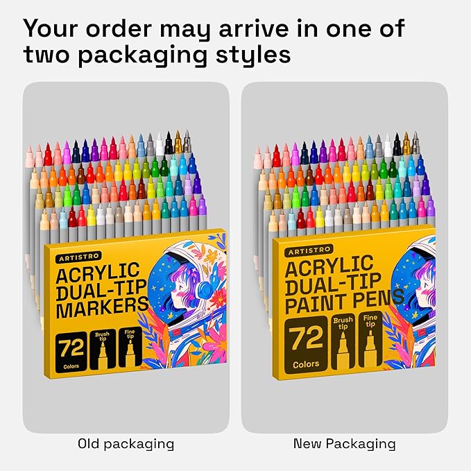 ARTISTRO 72 Acrylic Paint Markers - Paint Pens Dual Tip Brush + Fine Ideal for Calligraphy - Perfect for Fabric, Rock, Glass, Wood, DIY - Art Supplies, Stocking Stuffers, Christmas Gift Idea