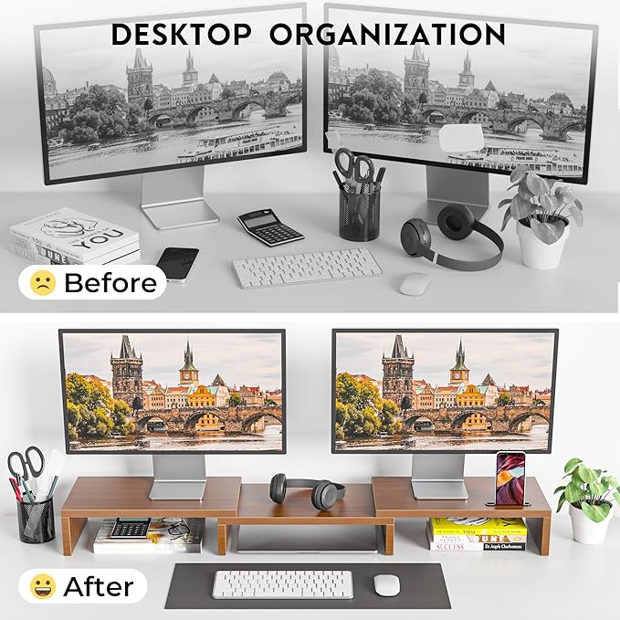 BONTEC Dual Monitor Stand Riser with Smartphone Holder, Adjustable Length & Swivel Angle, Ergonomic Wooden Desktop Organizer for PC Monitor, Laptop, Printer, Large Storage, Walnut